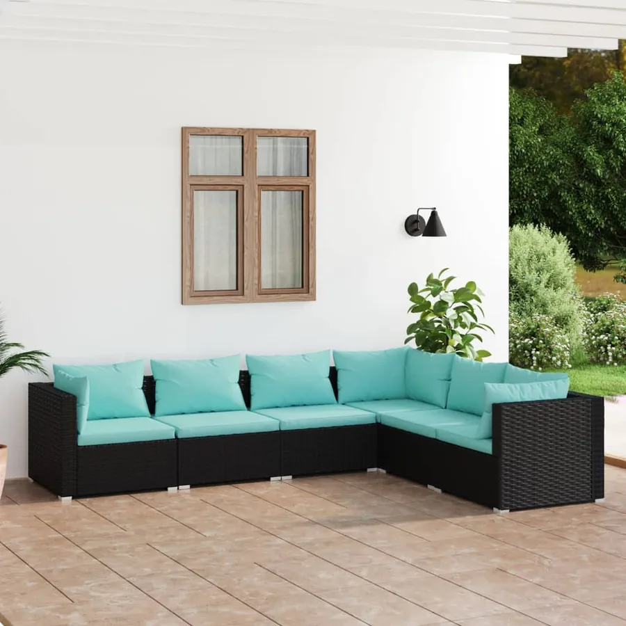 Salon de jardin 6 pcs avec coussins Résine tressée Noir