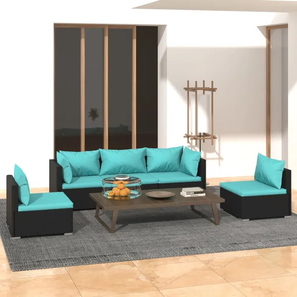 Salon de jardin 5 pcs avec coussins Résine tressée Noir