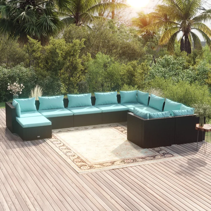Salon de jardin 10 pcs avec coussins Résine tressée Noir