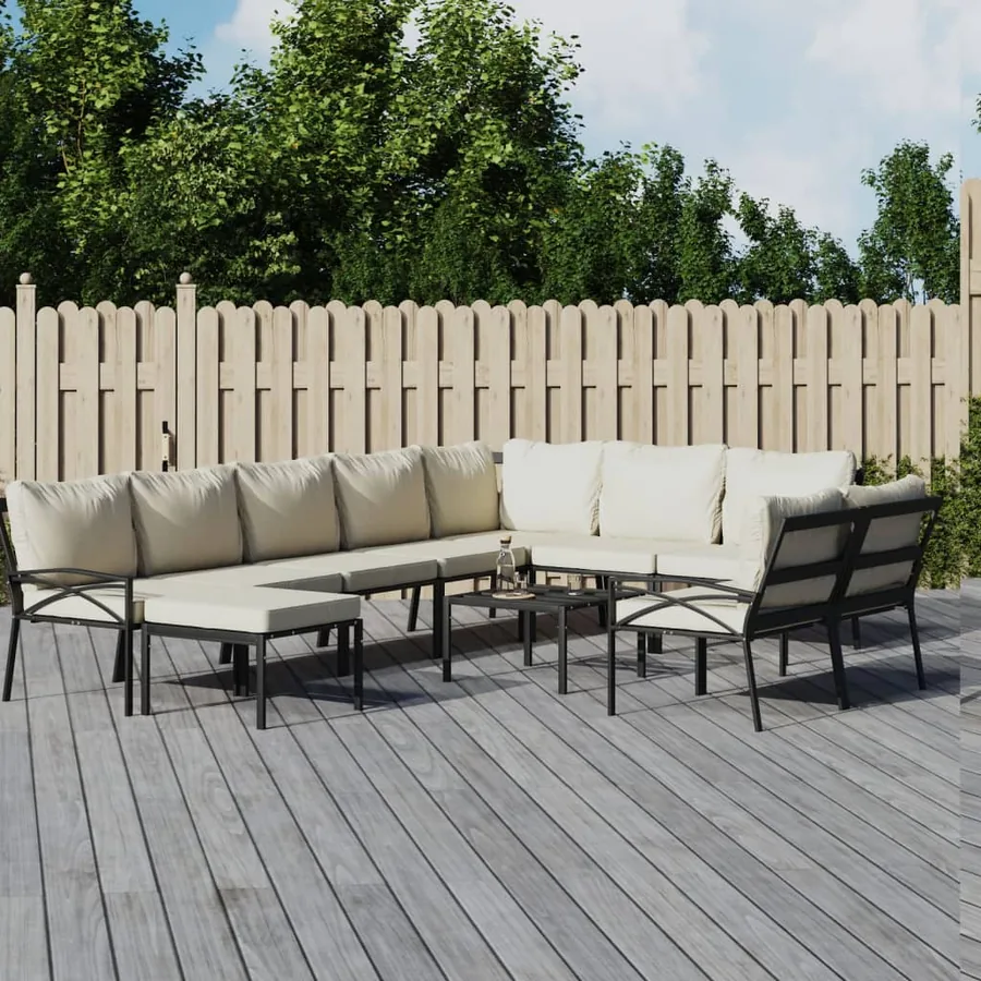 Salon de jardin 11 pcs avec coussins sable acier