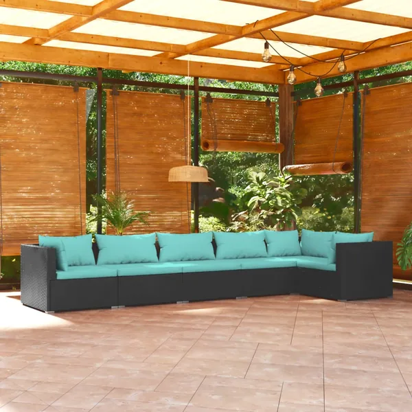Salon de jardin 6 pcs avec coussins Résine tressée Noir