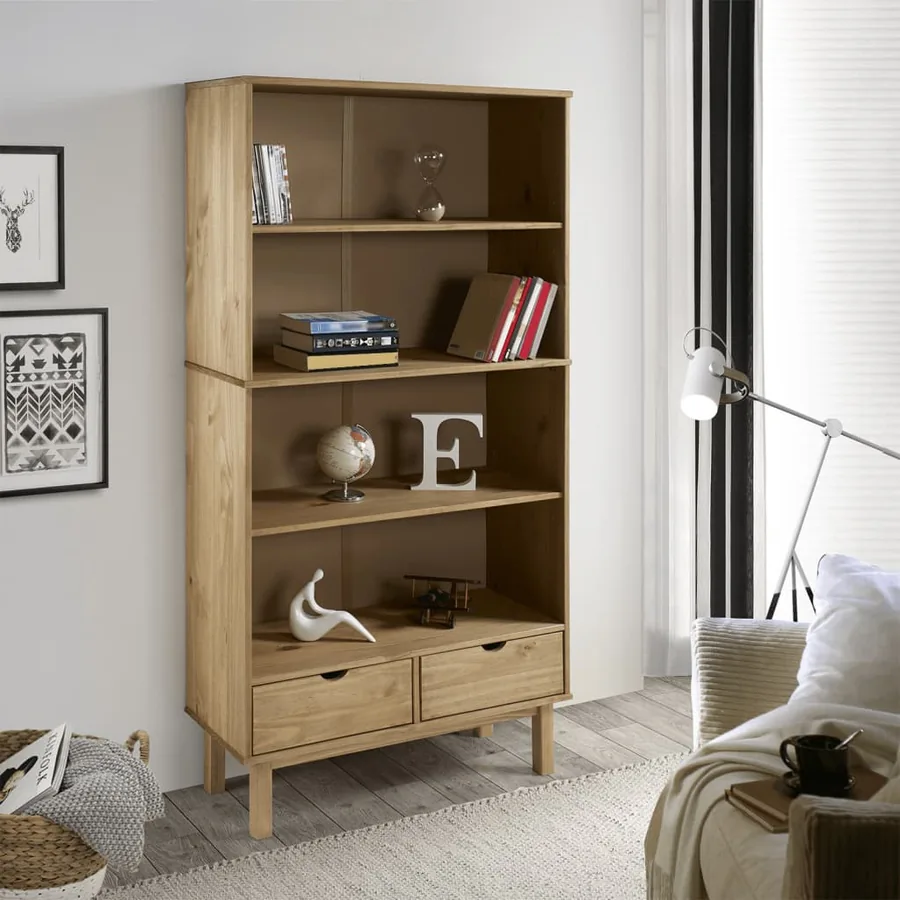 Bibliothèque OTTA avec 2 tiroirs Marron Bois massif pin
