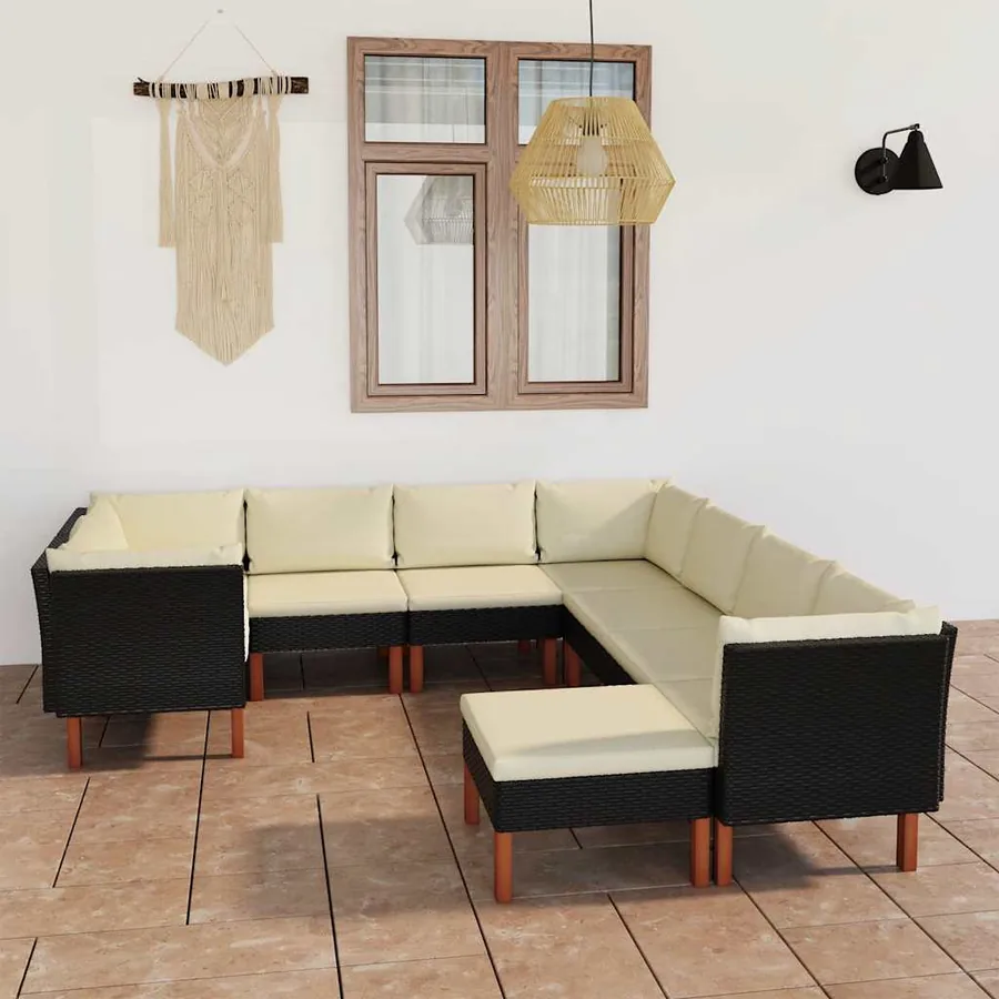 Salon de jardin 9 pcs avec coussins Résine tressée Noir