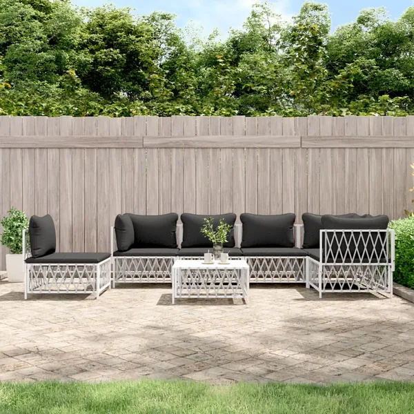 Salon de jardin 7 pcs avec coussins blanc acier
