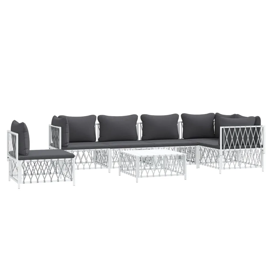 Salon de jardin 7 pcs avec coussins blanc acier - 3