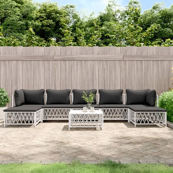 Salon de jardin 8 pcs avec coussins blanc acier