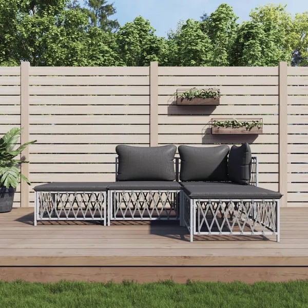 Salon de jardin 4 pcs avec coussins blanc acier