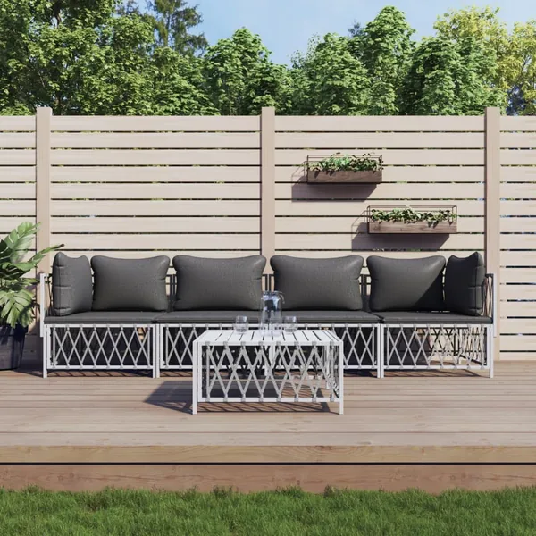 Salon de jardin avec coussins 5 pcs blanc acier