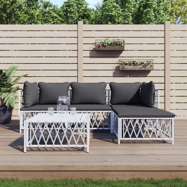 Salon de jardin avec coussins 5 pcs blanc acier