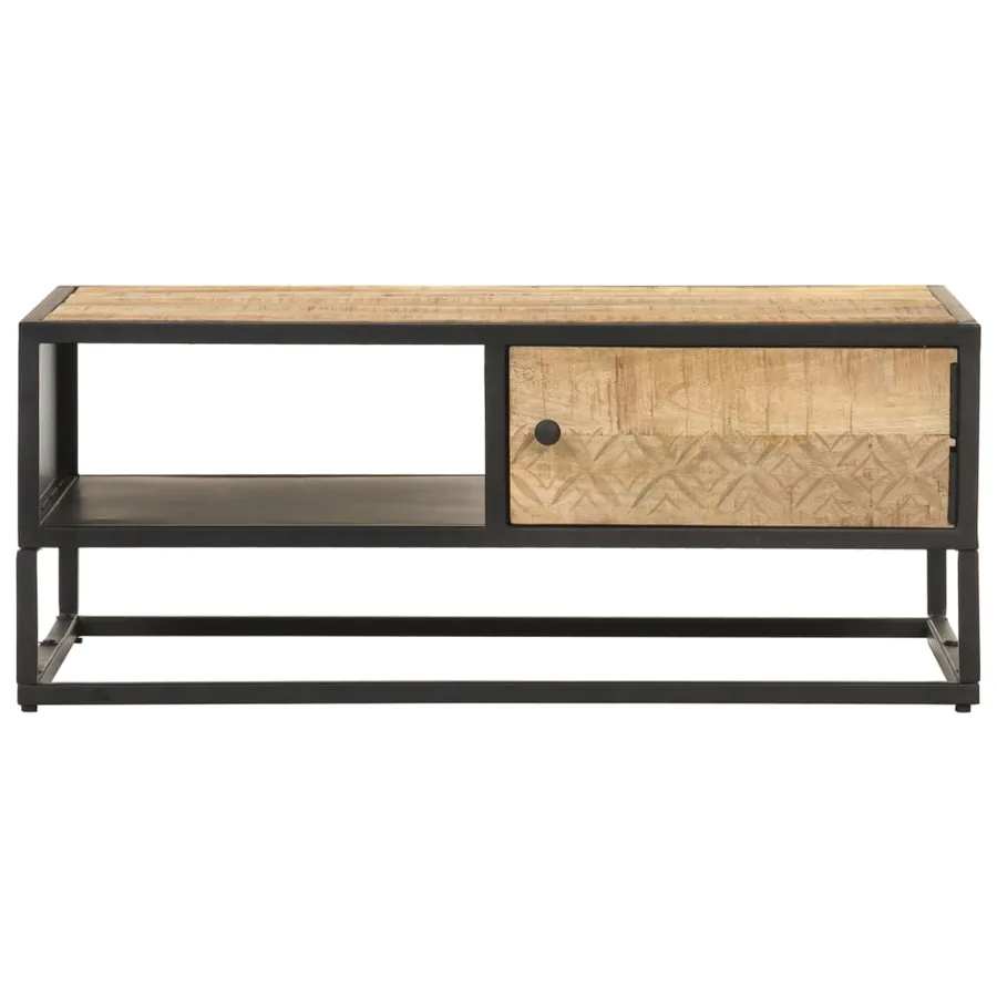 Table basse à porte sculptée 90x55x36 cm Bois de manguier brut - 2