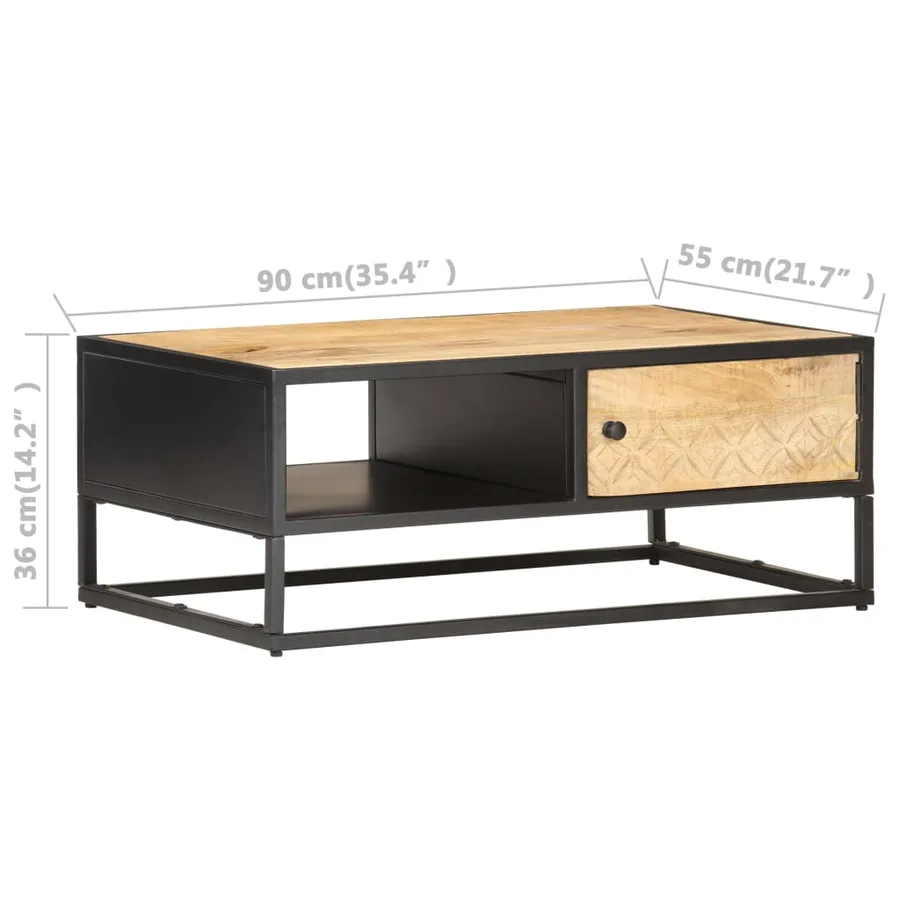 Table basse à porte sculptée 90x55x36 cm Bois de manguier brut - 7