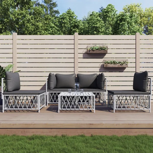 Salon de jardin avec coussins 5 pcs blanc acier