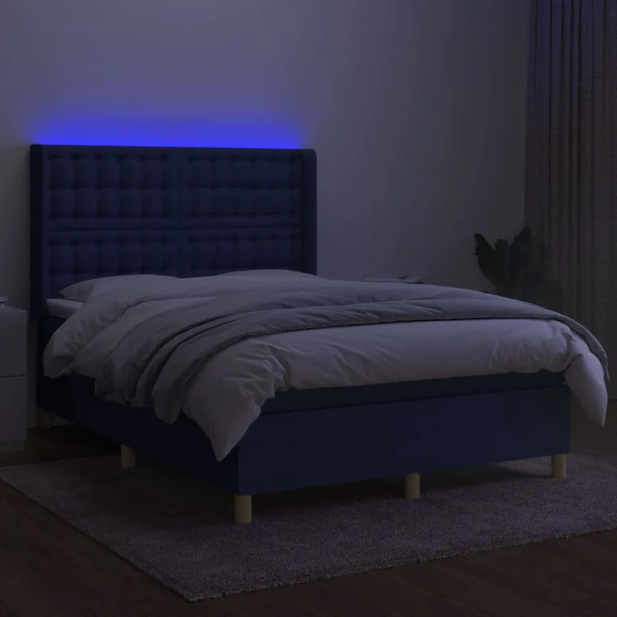 Sommier à lattes de lit matelas et LED Bleu 140x190 cm Tissu - 3