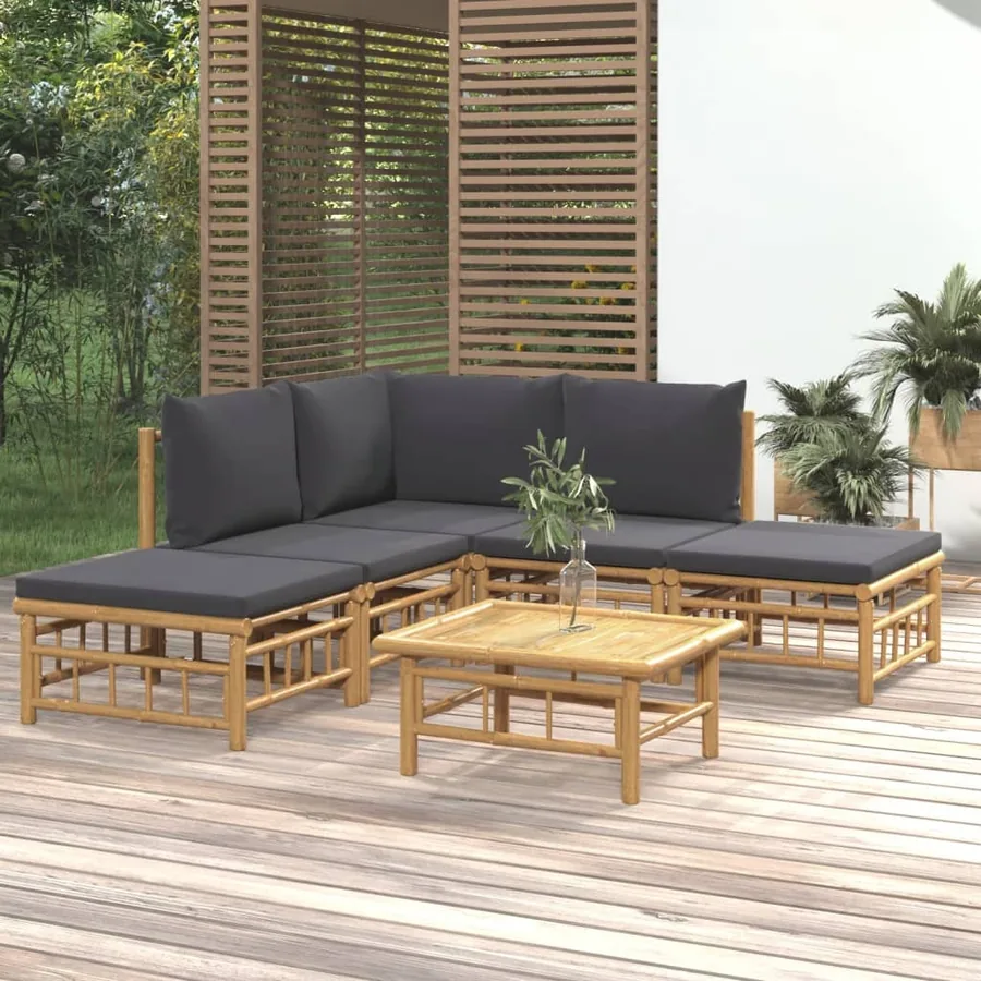 Salon de jardin 6 pcs avec coussins gris foncé bambou