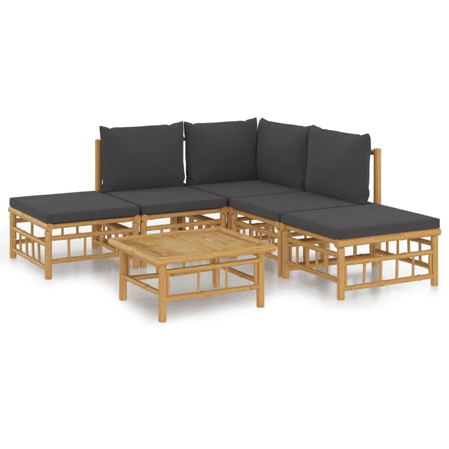 Salon de jardin 6 pcs avec coussins gris foncé bambou - 2