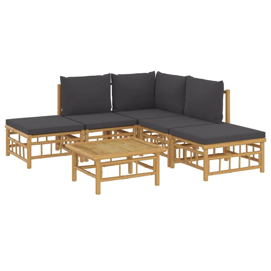 Salon de jardin 6 pcs avec coussins gris foncé bambou - 3