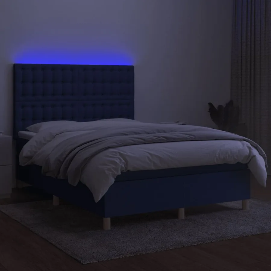 Sommier à lattes de lit et matelas et LED Bleu 140x200 cm Tissu - 4