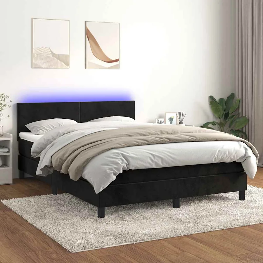 Sommier à lattes de lit avec matelas LED Noir 140x190cm Velours