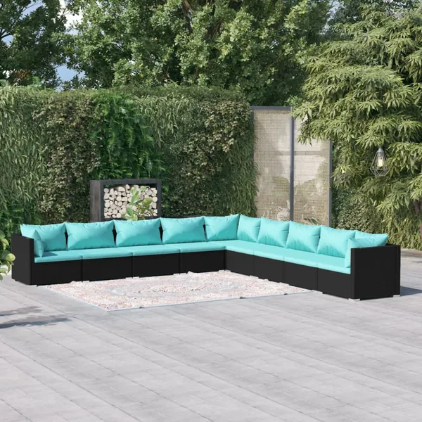Salon de jardin 9 pcs avec coussins Résine tressée Noir