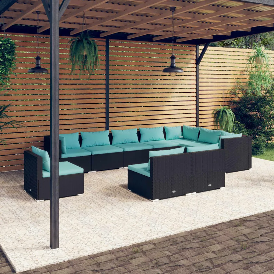 Salon de jardin 10 pcs avec coussins Résine tressée Noir