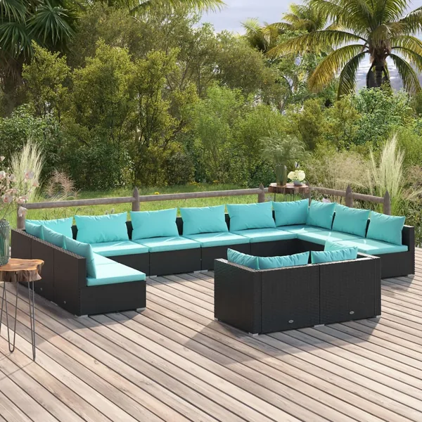 Salon de jardin 12 pcs avec coussins Noir Résine tressée