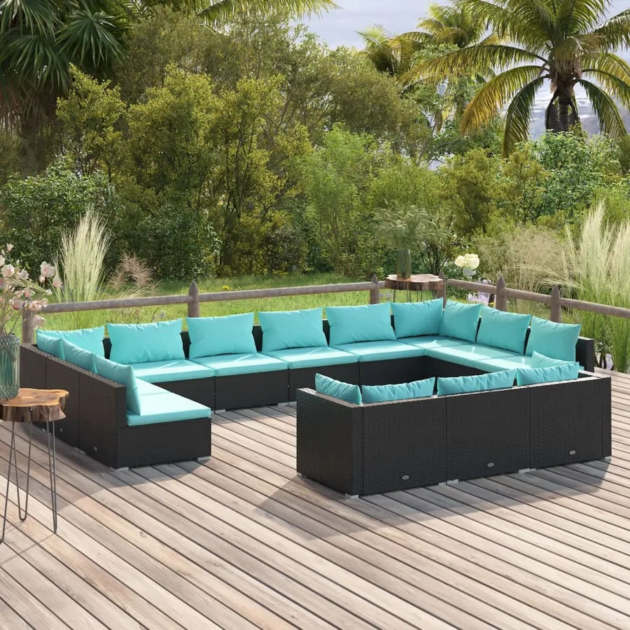 Salon de jardin 13 pcs avec coussins Noir Résine tressée