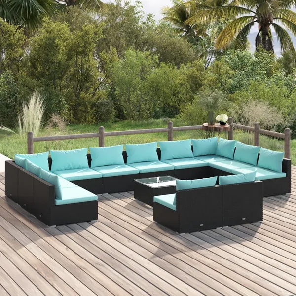 Salon de jardin 13 pcs avec coussins Noir Résine tressée