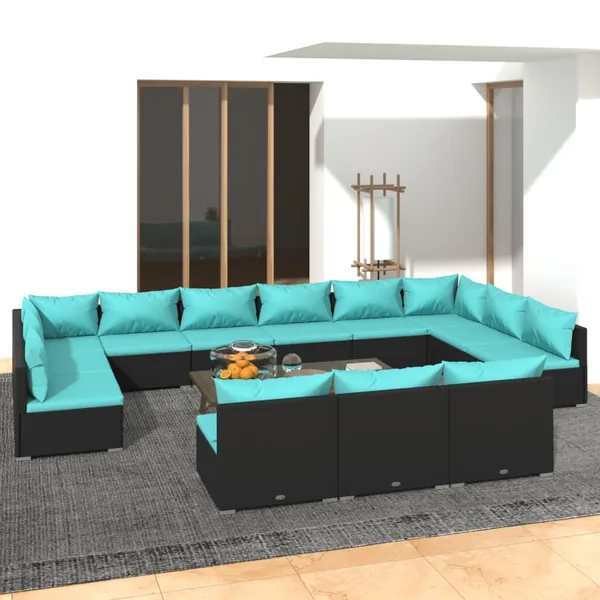 Salon de jardin 13 pcs avec coussins Noir Résine tressée