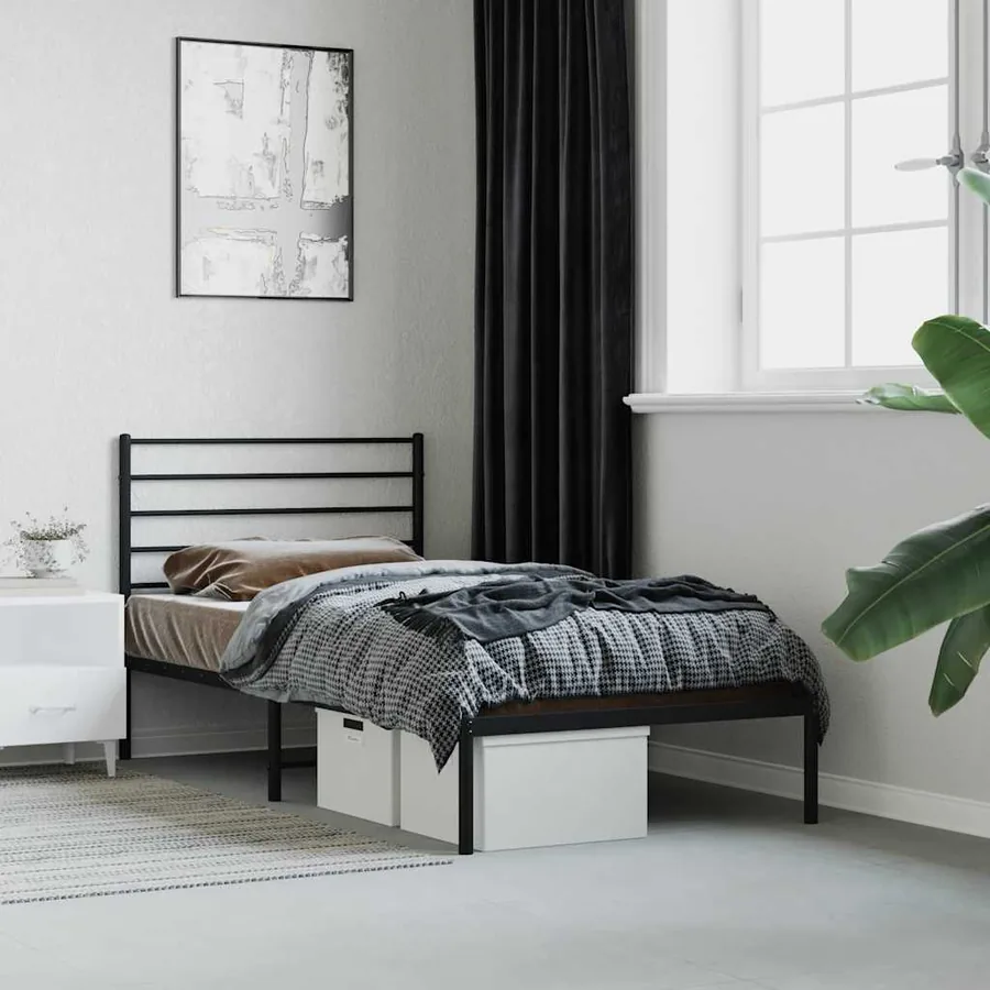 Cadre de lit métal sans matelas avec tête de lit noir 75x190 cm