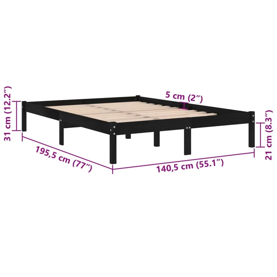 Cadre de lit sans matelas noir bois massif - 8