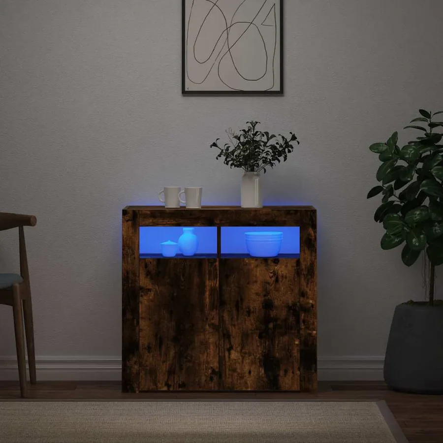 Buffet avec lumières LED chêne fumé 80x35x75 cm - 3
