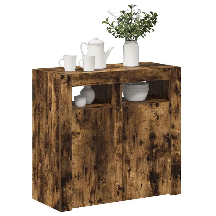 Buffet avec lumières LED chêne fumé 80x35x75 cm - 4