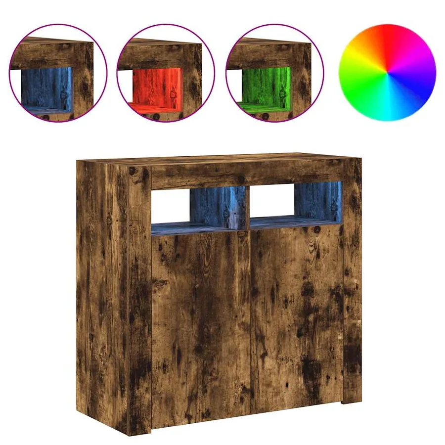 Buffet avec lumières LED chêne fumé 80x35x75 cm - 5
