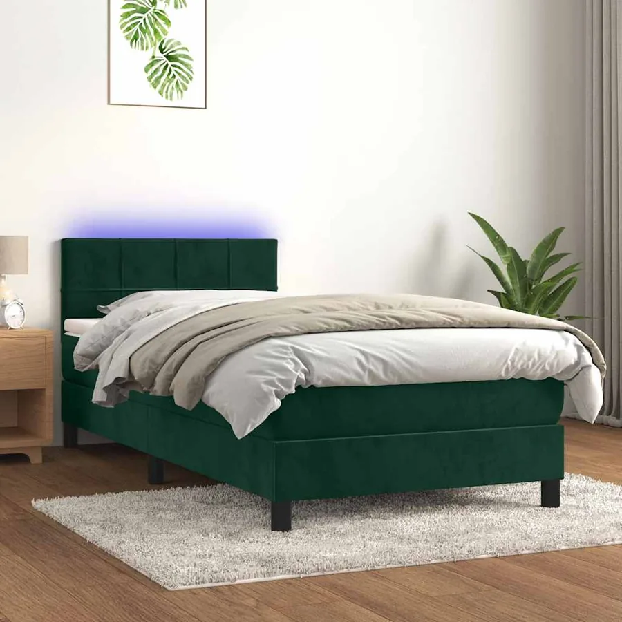 Sommier à lattes de lit et matelas et LED Vert foncé 90x200 cm