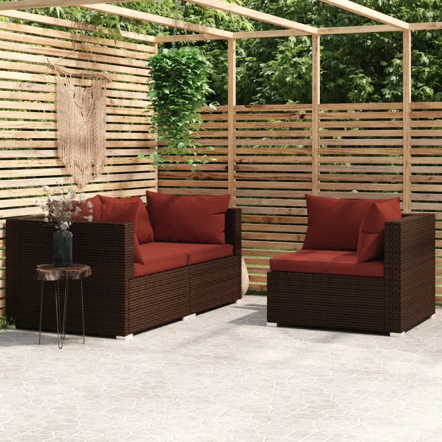 Salon de jardin 3 pcs avec coussins Marron Résine tressée