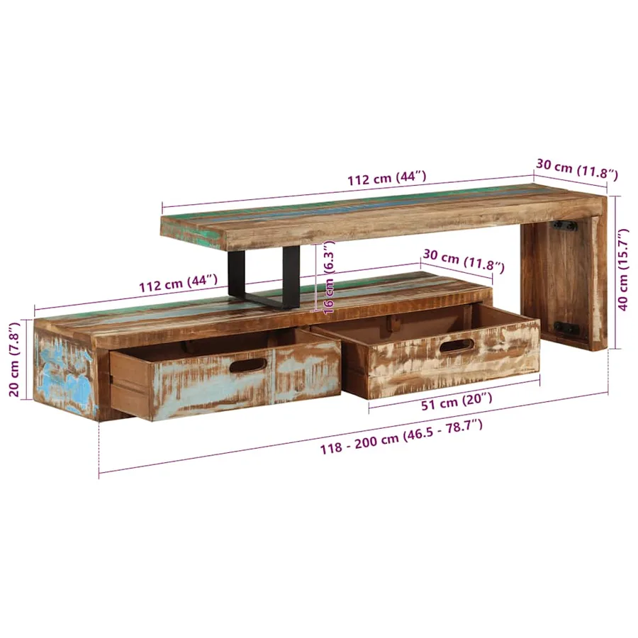 Meuble TV (118-200) x 30 x 40 cm en bois massif recyclé - 12