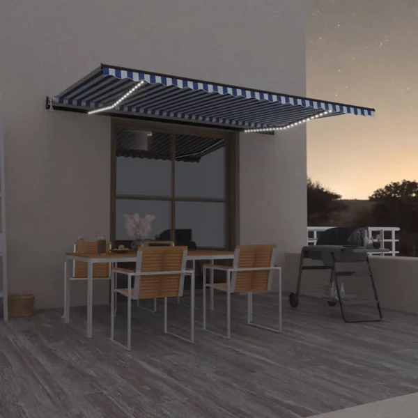 Auvent automatique capteur de vent/LED 500x300 cm Bleu et blanc