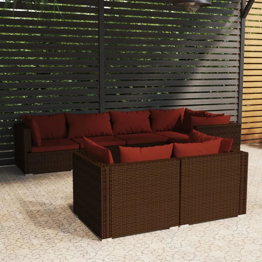 Salon de jardin avec coussins 7 pcs marron résine tressée