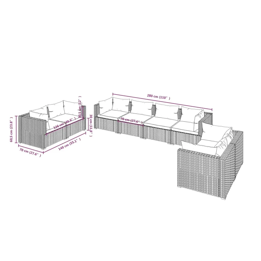 Salon de jardin 8 pcs avec coussins Résine tressée Marron - 7