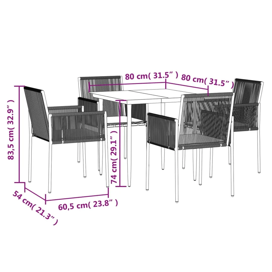 Ensemble à manger de jardin coussins 5pcs noir rotin et acier - 10