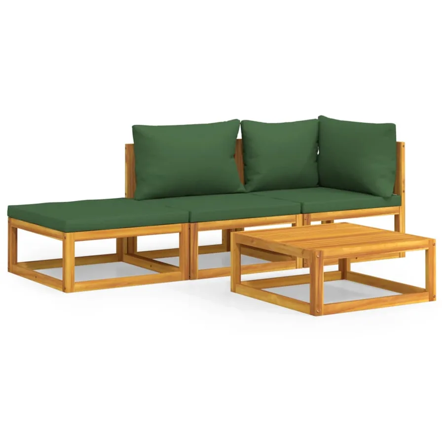Salon de jardin 4 pcs avec coussins vert bois massif - 2