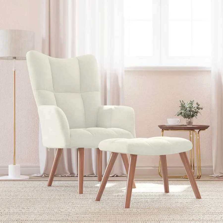Chaise de relaxation avec repose-pied Blanc crème Velours