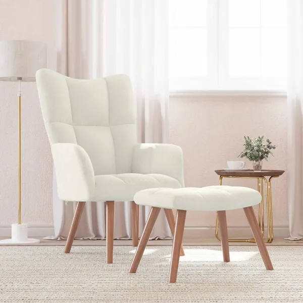 Chaise de relaxation avec repose-pied Blanc crème Velours