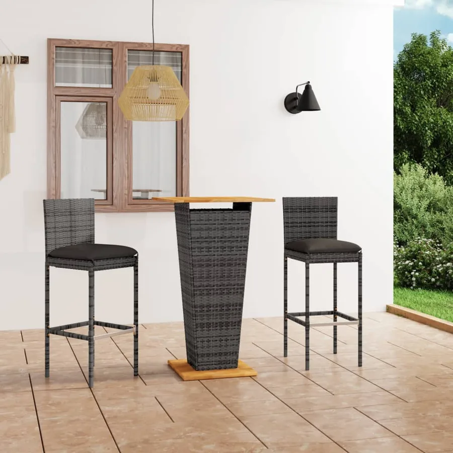Ensemble de bar de jardin 3 pcs et coussins Résine tressée Gris