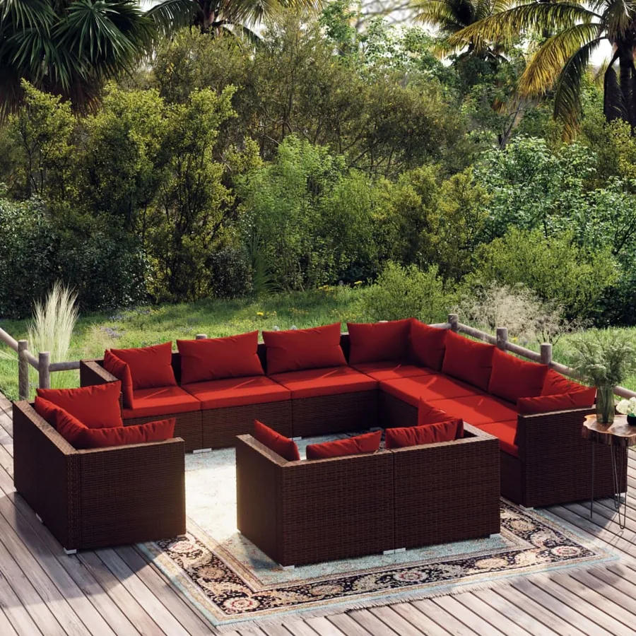 Salon de jardin 11 pcs avec coussins Marron Résine tressée