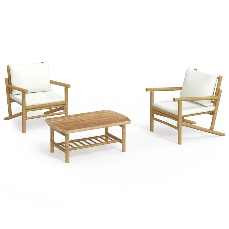 Salon de jardin 3 pcs avec coussins blanc crème bambou - 2