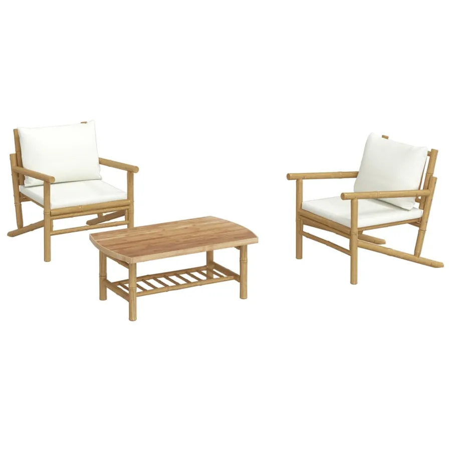 Salon de jardin 3 pcs avec coussins blanc crème bambou - 3