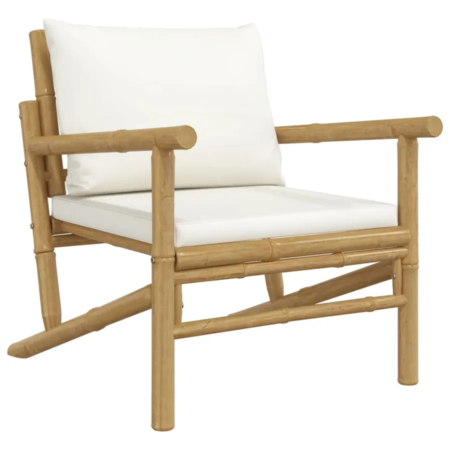 Salon de jardin 3 pcs avec coussins blanc crème bambou - 4