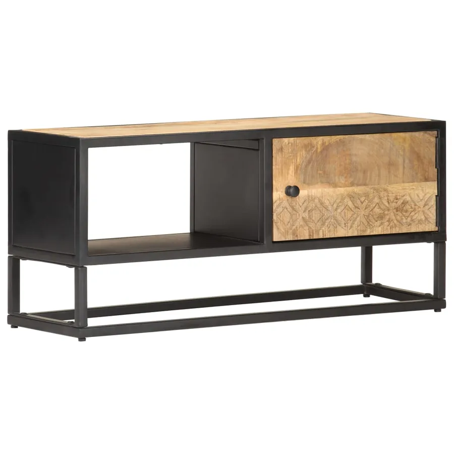 Meuble TV avec porte sculptée 90x30x40 cm Bois de manguier brut - 11