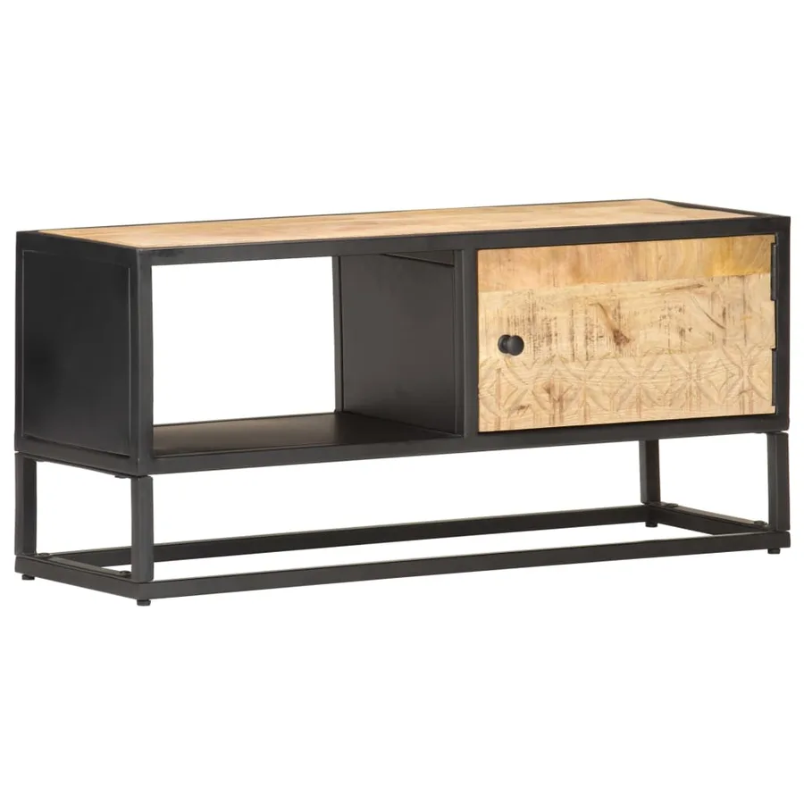 Meuble TV avec porte sculptée 90x30x40 cm Bois de manguier brut - 9